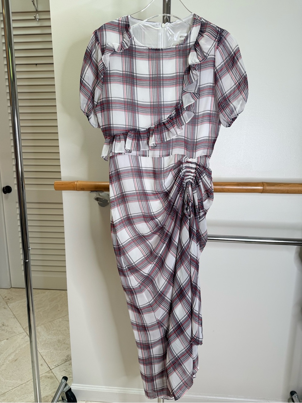 Storets Plaid Ruffle Ruched Midi Dress Small